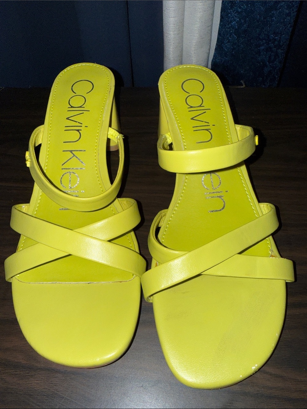 Calvin Klein Neon Yellow Crisscross Strap Slide Sandals